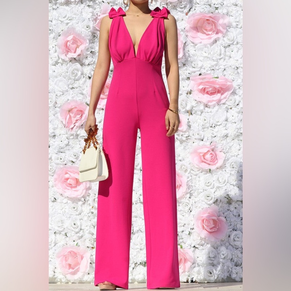 V-Neck Hot Pink Wide-Leg Jumpsuit with Ruffle Straps